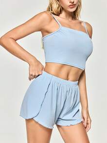 SHAPORA Women's Solid Color Minimalist Summer Cami Top & Slit Shorts Homewear Set Outfit - Blue - View 2