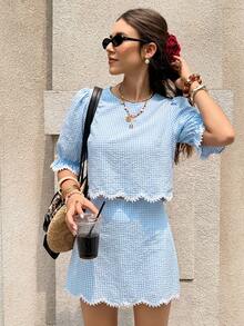 Serisse Conjunto de 2 piezas de top de cuello redondo a cuadros y minifalda casual para uso diario para mujer - Azul - Ver 6