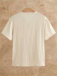 HIMLAND Men's Solid Color Notch V-Neck Short Sleeve Casual Commuter Shirt - Linen Brown - View 3