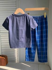 SHEIN 男童纯色针织圆领休闲T恤和格子裤两件套家居服 - 彩色 - 查看 2