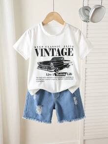 SHEIN 2er Set Kinder Lässig Vielseitig Bequem Amerikanisches Vintage Auto Muster Rundhals Lockerer Pullover Kurzarm Strick T-Shirt & Denim Shorts Set, Geeignet für Sommer - Verschiedenfarbig - Übersicht 9