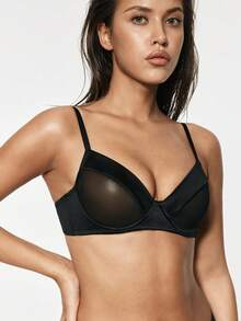 SHAPORA Mesh Splice Fabric Sexy Underwire Bra, Minimalist Sensual Style, No Foam Cups - Black - View 7