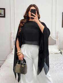 Modelyn Summer Black Chiffon Open Shoulder Elegant Plus Size Women's Blouse Fall - Black - View 4