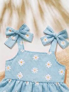 SHEIN 2件組女嬰幼兒/新生兒0-3歲春夏季休閒日常可愛度假條紋蝴蝶結圖案吊帶上衣+短褲套裝 - 淺藍色 - 查看 6