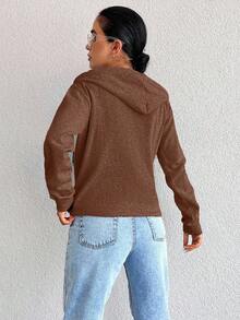 EURMUSE 100%Cotton Women Casual Zip Up Drawstring Hoodie - Coffee Brown - View 2