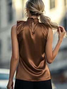 EMERY ROSE Black Mandarin Collar Ruffle Hem Sleeveless Elegant Blouse For Women - Coffee Brown - View 2