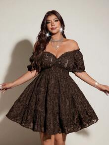 Viva Relle Vestido sexy de fiesta y cita para mujer talla grande con hombros descubiertos, encaje y volantes - Café integral - Ver 2