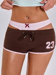 ACID BLVD Spring/Summer Y2K Sporty Girl Streetwear Patchwork Waistband Mini Contrast Color Shorts - Brown - View 2