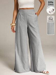 Pantalones rectos de cintura alta cómodos a rayas para mujer alta, primavera/verano - En blanco y negro - Ver 7