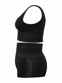 SHAPORA Plus Size Fashion Front Button Cropped Camisole Shapewear And Waist Cincher Shorts Set - Black - View 13