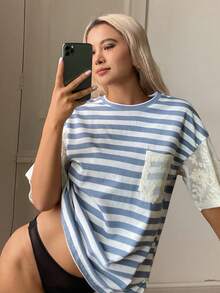 Livesso 女款條紋圓領落肩袖口袋設計寬鬆T恤 - 藍色 - 查看 4