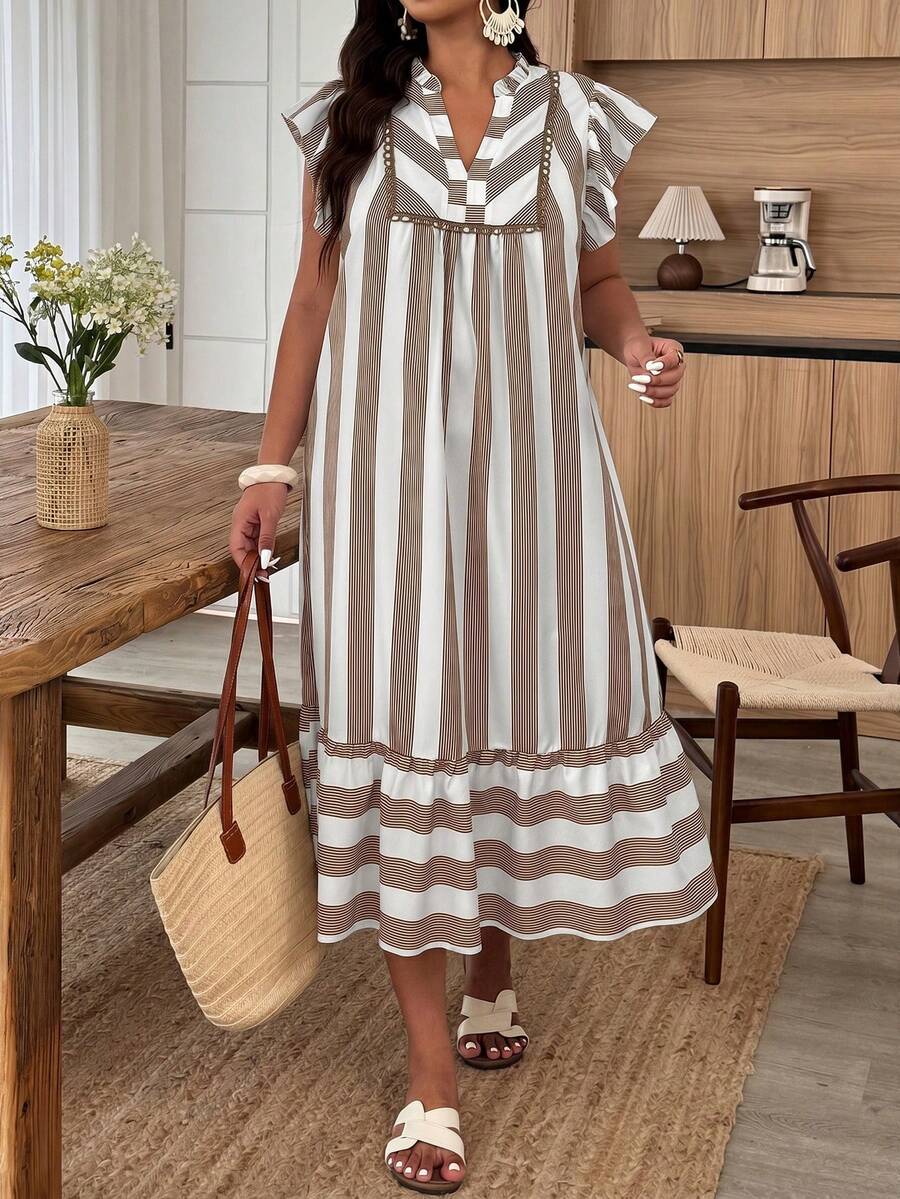 Weeklong Women's Plus Size Spring/Summer Casual Boho Vacation Loose White Ruffle Sleeve Ruffle Hem Dress, Suitable For Daily And Vacation Wear - Multicolor - View 1