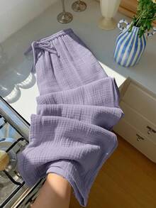 Comfortcana Plus Size Women Casual Vacation & Commute Solid Color Textured Fabric Drawstring Waist Wide Leg Pants Fall - Mauve Purple - View 7