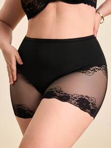Hourtrue 1条装女士高腰加大码内裤 0XL-4XL，柔软舒适弹力面料，优雅蕾丝拼接设计，透气支撑，多条装日常穿着内衣 - 黑色 - 查看 1