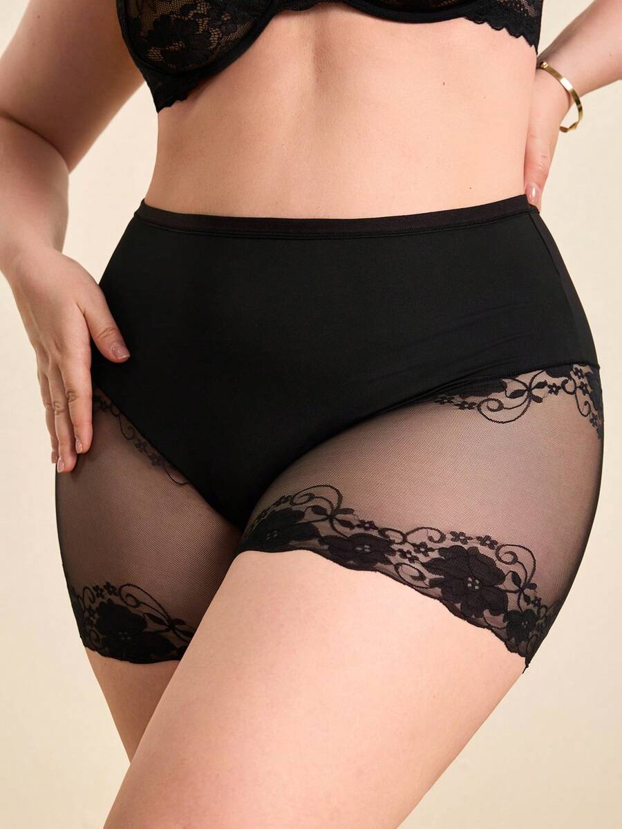 Hourtrue 1条装女士高腰加大码内裤 0XL-4XL，柔软舒适弹力面料，优雅蕾丝拼接设计，透气支撑，多条装日常穿着内衣 - 黑色 - 查看 1