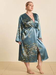 Hourtrue 1pc Plus Size Women Floral Print Satin Robe, V-Neck Long Sleeve Loose Bathrobe, Kimono Style Tie Waist Long Loungewear, Smooth Silk-Like Fabric, Machine Washable, Suitable For Home Use - Olive Green - View 2