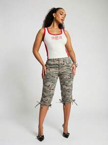 SUMWON WOMEN Camo Carpenter Capri Pants With Ruched Drawstring Hem And Cargo Pockets Summer Street Style - Beige - View 6