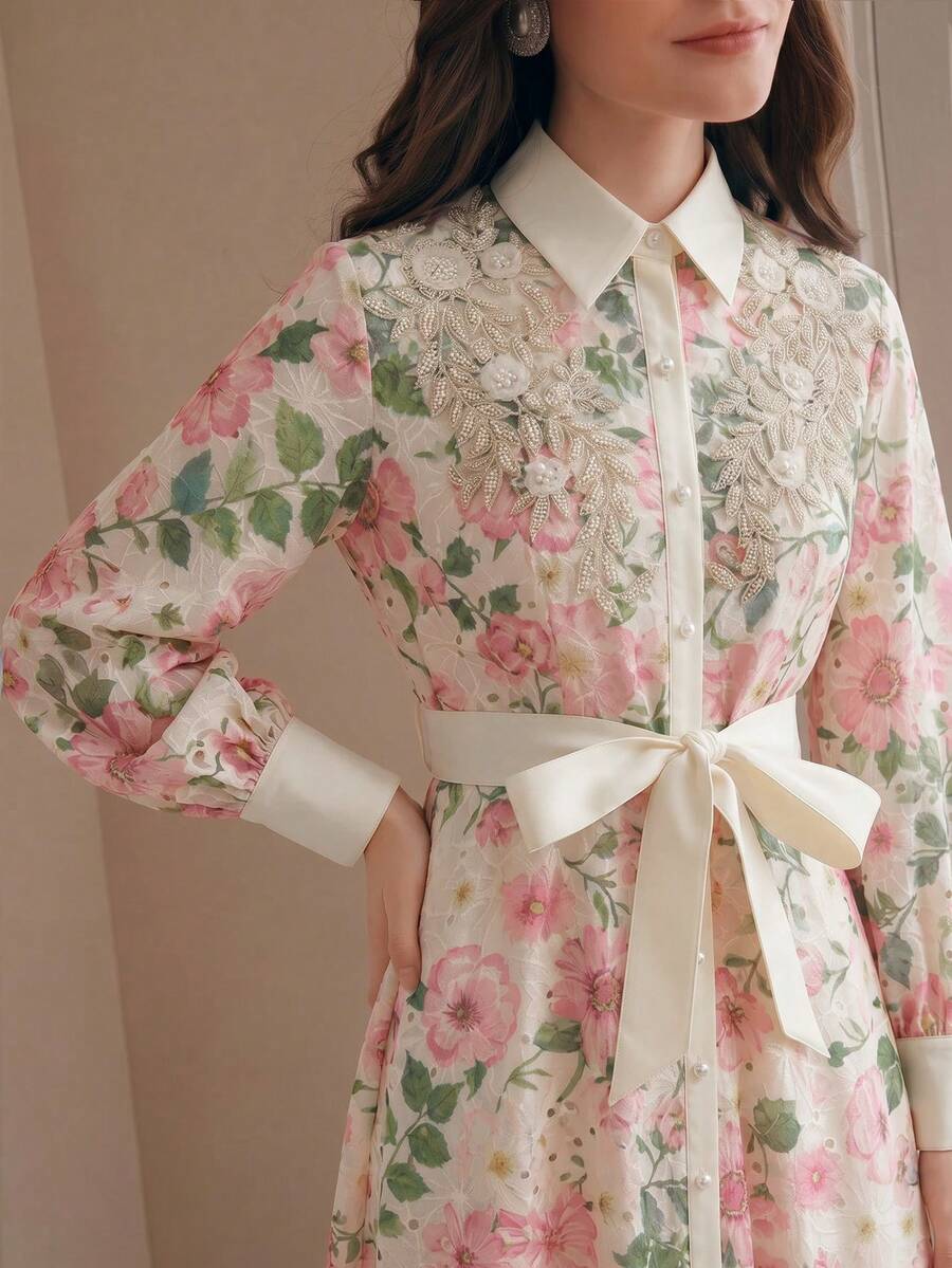 Anewsta 春夏季優雅粉色花卉印花珠飾領襯衫式收腰前襟長洋裝女款 - 粉色 - 查看 1