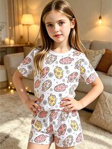 1 Set Girls Ice Cream And Floral Print Fitted Pajamas, Short Sleeve Top And Shorts, Spring/Summer Style - White - View 4