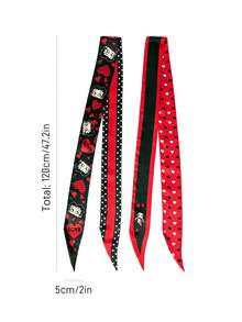 Betty Boop x SHEIN 2入組時尚女士黑色紅色光滑柔軟緞面髮帶波點格紋櫻桃絲巾，適合髮型設計、禮物、戶外旅行、禮物靈感、派對、節日、情人節 - 彩色 - 查看 3