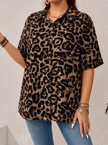 EMERY ROSE Women's Plus Size Loose Short Sleeve Casual Open Front Shirt With Retro Leopard Print, Suitable For Spring And Summer - Multicolor - View 5
