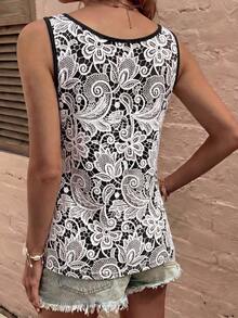 Women's Spring/Summer New Hot-Selling Faux Lace Print Pattern U-Neck Casual Versatile Tank Top - Multicolor - View 2