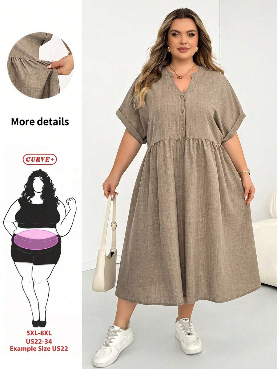 SHEIN CURVE+ 大尺碼女款春夏時尚休閒寬鬆舒適日常基本百搭卡其色短袖中長洋裝附口袋,簡約風格,夏季穿搭 - 卡其色 - 查看 1