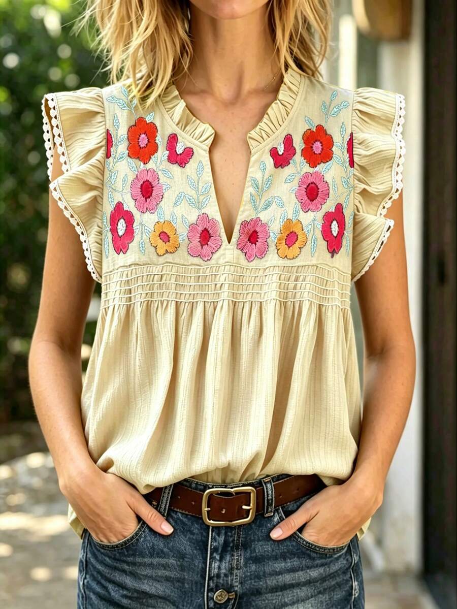 Linhara CURVE Plus Size Women's Notched V-Neck Floral Embroidered Pattern Pleated Casual Boho Versatile Daily Outing Holiday Blouse Beige Summer - Apricot - View 1