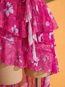 SHEIN ICON Plus Size Black V-Neck Ruffle Trim Front Short Back Long Cami Dress, Y2K Sexy Ruffle Cami Dress - Hot Pink - View 4