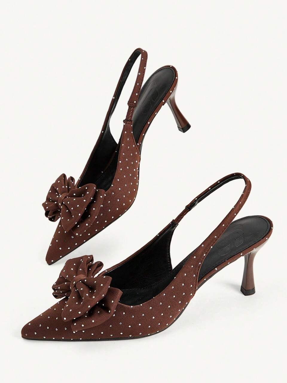 CUCCOO CHICEST Women Shoes Spring And Summer New Women's High Heel Shoes Brown Bow Rhinestone Decoration Pointed Thin Heel Slingback Pedal Elegant Satin Solid Color Commuter Dating Valentine's Day Women's Shoes