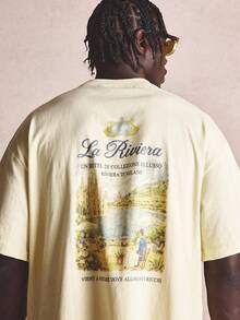 Musero Oversized Graphic Print "La Riviera"Crew Neck Tshirt Spring Summer Essentials - Light Yellow - View 2