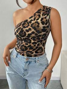 SHEIN LUNE CURVE Women's Summer Brown Asymmetrical Ruched Bodysuit, One-Shoulder Sleeveless High-Cut Base Layer, Chic Sexy Occasion Wear Party Night Out Going Out - Multicolor - View 3