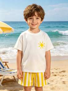 SHEIN Playful Pals 2件/套 幼童男童休閒時尚舒適圖案印花圓領落肩上衣與條紋印花短褲，適合春/夏季、戶外玩耍、日常百搭、柔軟夏季衣物、度假 - 黃色 - 查看 6