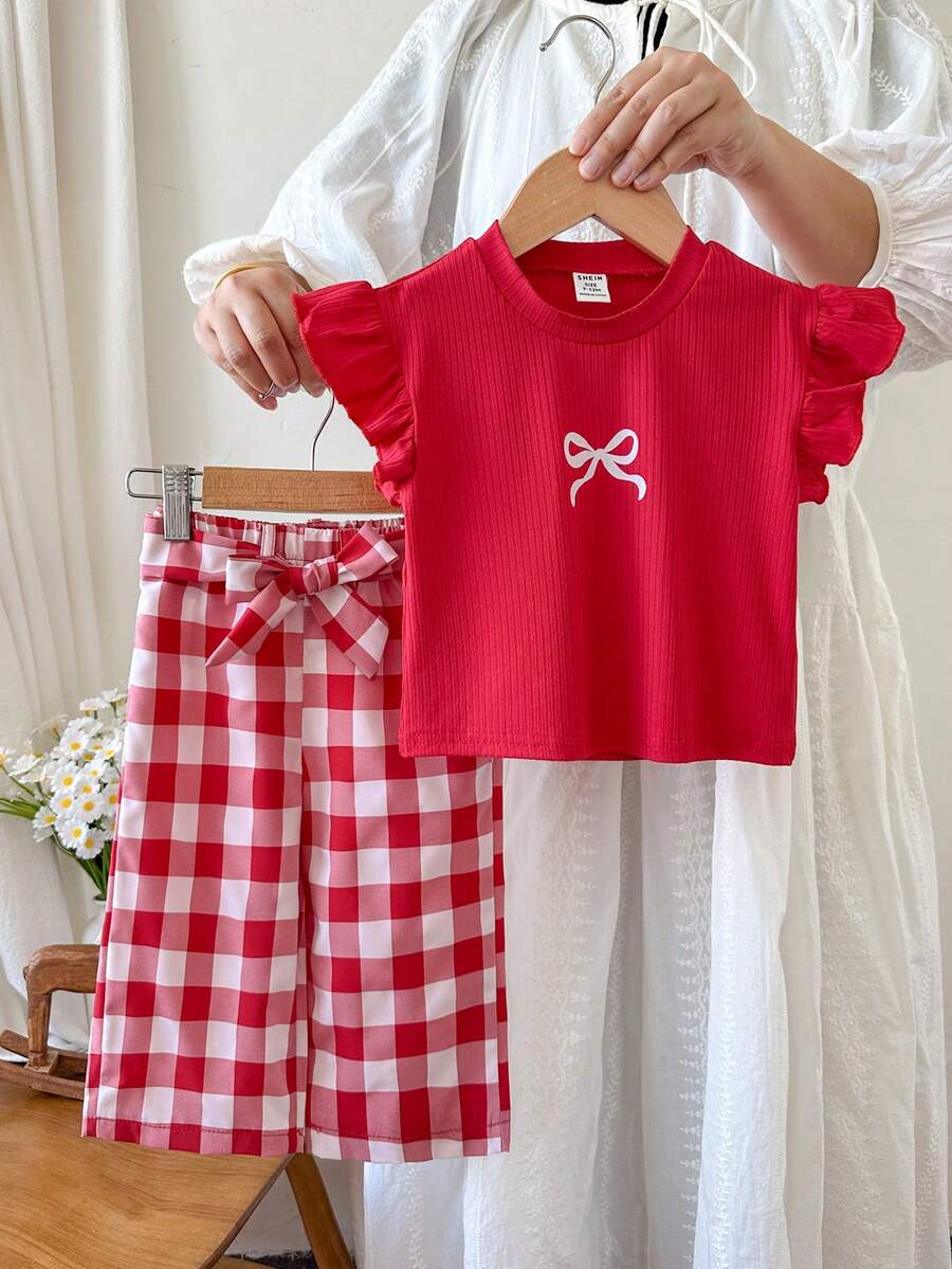 SHEIN 女嬰蝴蝶結印花荷葉袖T恤與格紋長褲可愛套裝 - 紅色 - 查看 1