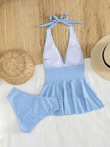 Swim Lushoire 新款女款海灘度假條紋荷葉邊下擺掛脖式分體式比基尼套裝 - 藍白色 - 查看 6