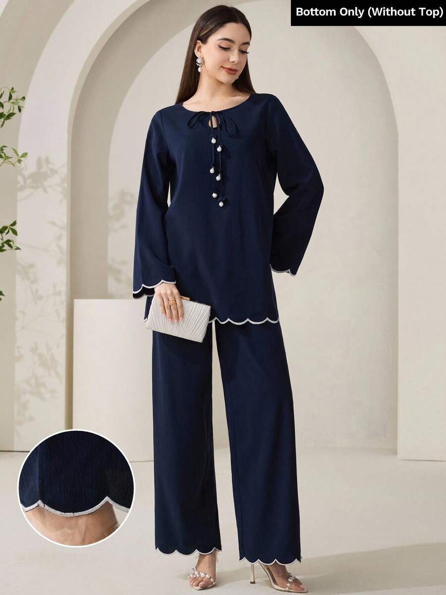 Veilorie Bottom Only(Without Top)Conservative Casual Wave Hem Embroidered Women Pants