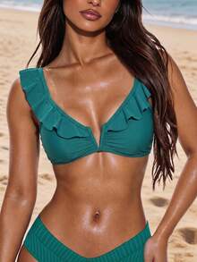 Swim Basics 新款歐美女款性感時尚極簡純色荷葉邊抓皺深V領露背綁帶上衣 - 綠色 - 查看 1