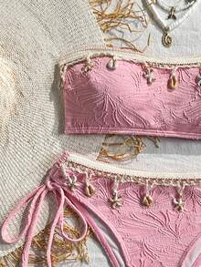 Swim Mod 女款刺繡流蘇拼接海星與貝殼裝飾抹胸上衣與三角泳褲泳裝套裝 - 粉色 - 查看 5