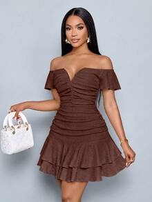 SOLERSUN Women's Fashionable Elegant V-Neck Off Shoulder Ruffle Sleeve Textured Mini Dress – Ruffle Sleeve Ruched Bodycon Double Ruffle Hem Party Dress For Club & Date Night,Women Ruffle Sleeve Ruched Bodycon Double Ruffle Hem Party Club Dress - Chocolate Brown - View 4