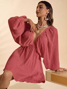 Travachic Solid Color Woven Loose V-Neck Long Sleeve Mini Dress For Women, Suitable For Spring/Summer Vacation - Dusty Purple - View 6
