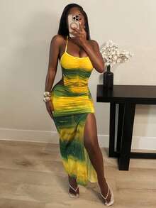 SHEIN BamGlam Women's Spaghetti Strap Backless High Slit Casual Tie Dye Dress - Multicolor - View 6