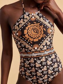 Travachic Women's Vacation Beach All-Over Print One-Piece Swimsuit Black Summer Boho - Multicolor - View 4