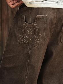 AXEPEAK Men's Fashion Heavyweight Embroidered Streetwear Brown Washed Denim Jeans - Brown - View 2