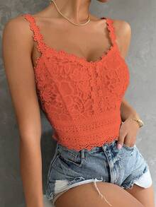 SHEIN Clasi 夏季休閒素色蕾絲貼身細肩帶背心 - 橘色 - 查看 3