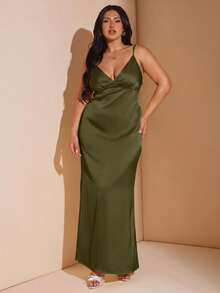 SHEIN BAE 大尺碼女款素色休閒派對細肩帶洋裝 - 軍綠色 - 查看 3