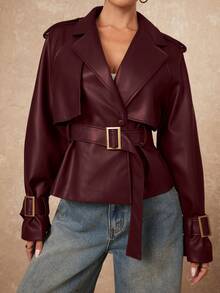 Lumalex Women's Solid Color Lapel NeckRaglan Sleeve Casual Trench Coat Jacket - Burgundy - View 6