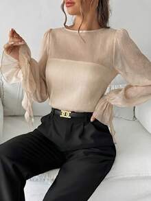 Firerie Women  Flounced Long Sleeve Sheer Blouse - Apricot - View 4