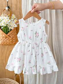 SHEIN Vintaside Kids 女嬰 3個月-3歲洋裝，1件休閒可愛日常風格秋季女童套裝，棕色蝴蝶結裝飾無袖澎澎洋裝 - 粉色 - 查看 5