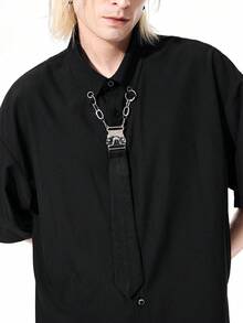 ROMWE MEN Street Life Men's Solid Color Casual Versatile Daily Travel Shirt - Black - View 2