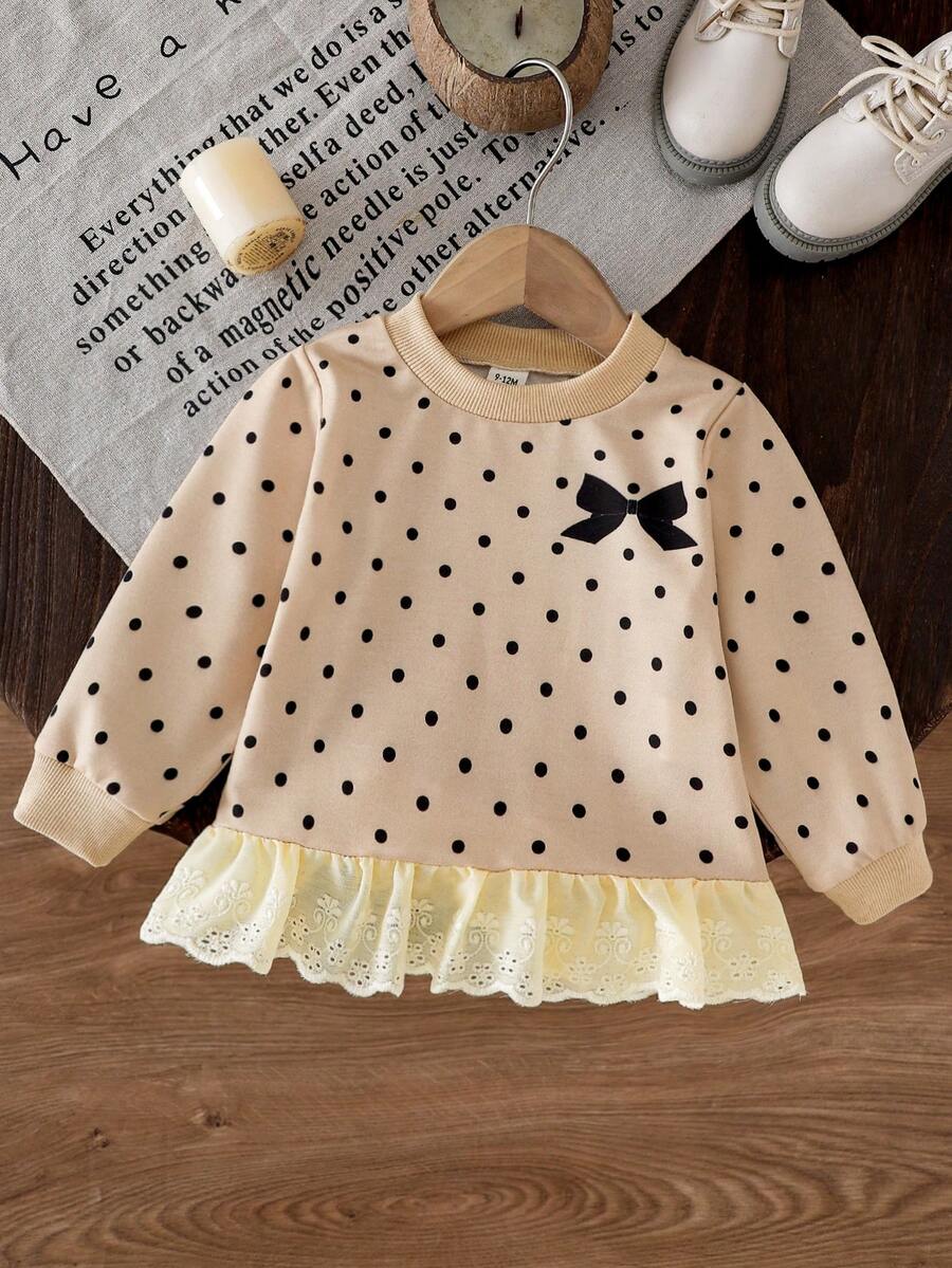 SHEIN 女嬰時尚刺繡蕾絲下擺印花運動衫 秋季 - 杏色 - 查看 1